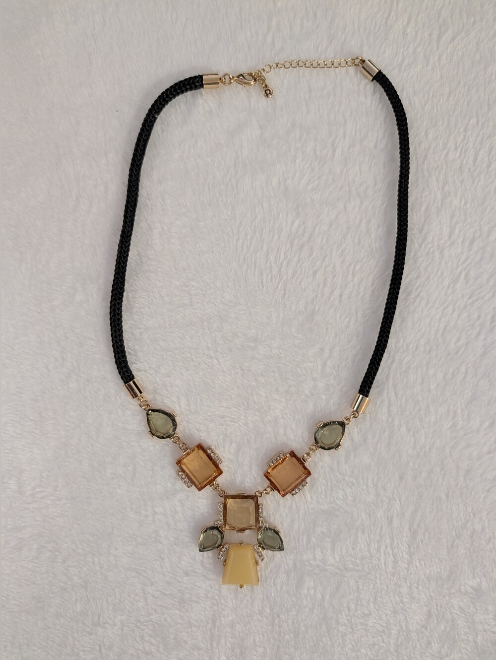 Bold Statement Black Rope Necklace with Champagne and Sage Gemstones
